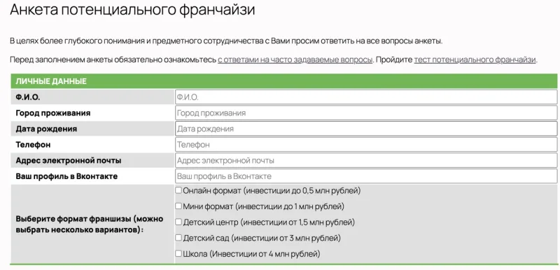 Анкета потенциального франчайзи